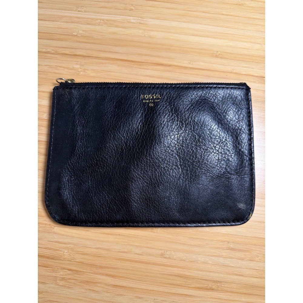 Fossil Black Leather Zip Clutch Wallet Pouch Organizer Card Holder